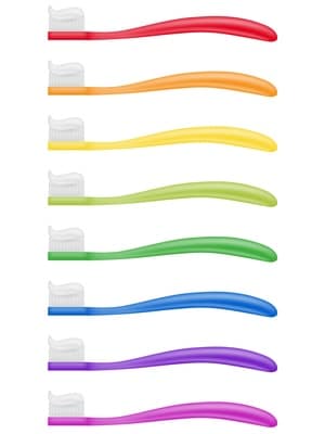Zahnbürsten in 8 (Regenbogen-) Farben mit Zahnpasta – Vektor
